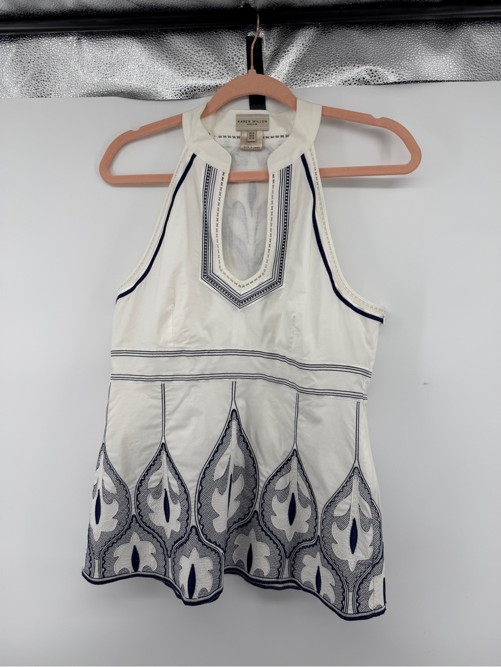 Karen Millen Embroidered HalterTop WhiteNavy Coastal ResortWear Regencycore Sz10
